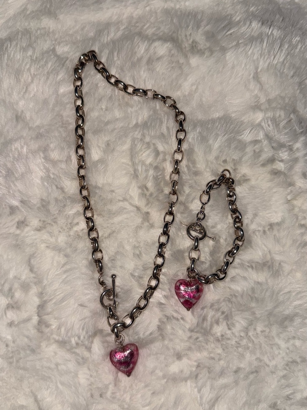 Silver-Tone Chain Necklace and Bracelet Set with Pink Blown Glass Heart Charm